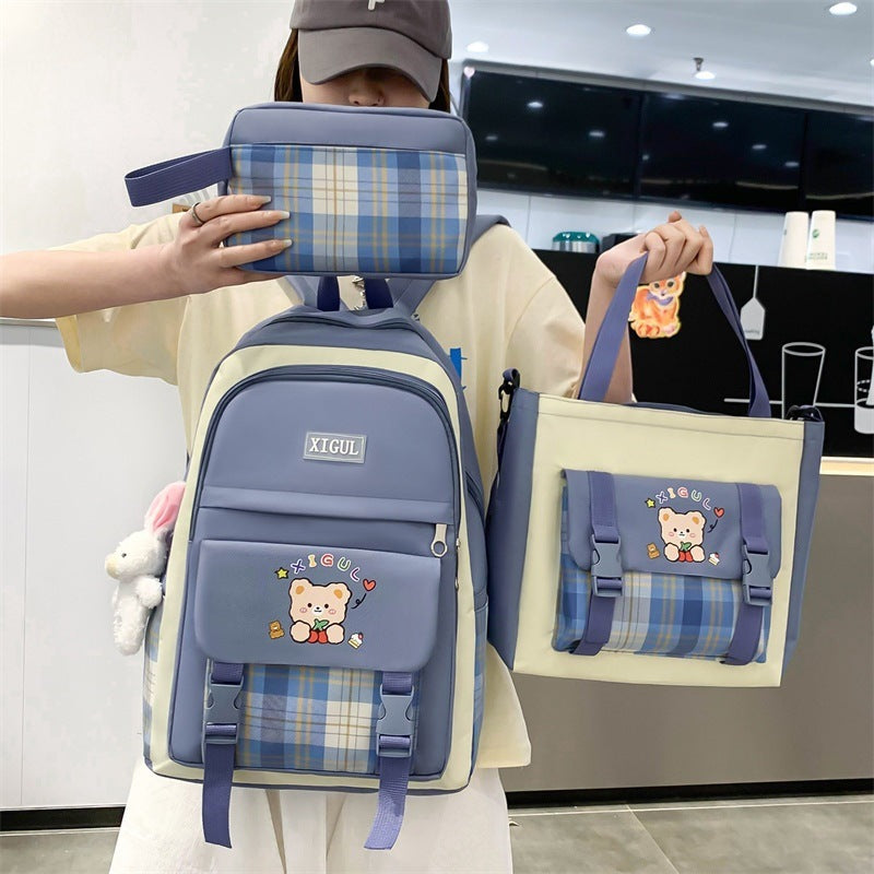 High School, Junior High, Elementary School Plaid Three-piece Set Student Backpack
