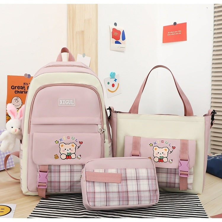 High School, Junior High, Elementary School Plaid Three-piece Set Student Backpack