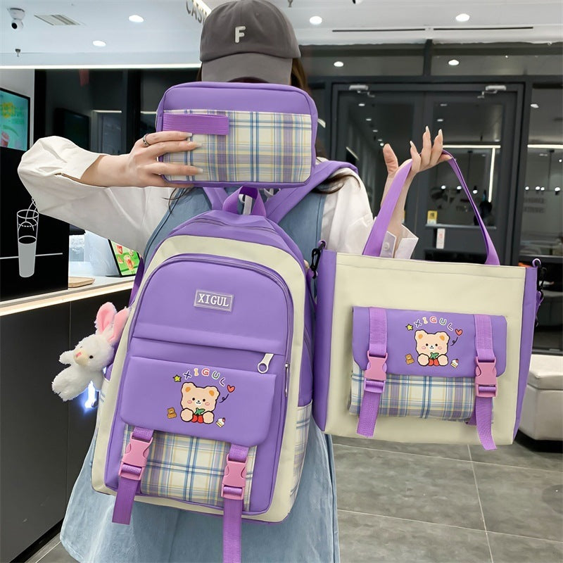 High School, Junior High, Elementary School Plaid Three-piece Set Student Backpack