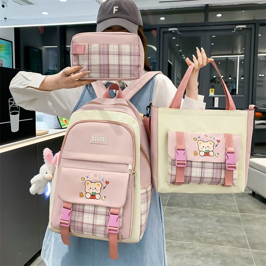 High School, Junior High, Elementary School Plaid Three-piece Set Student Backpack