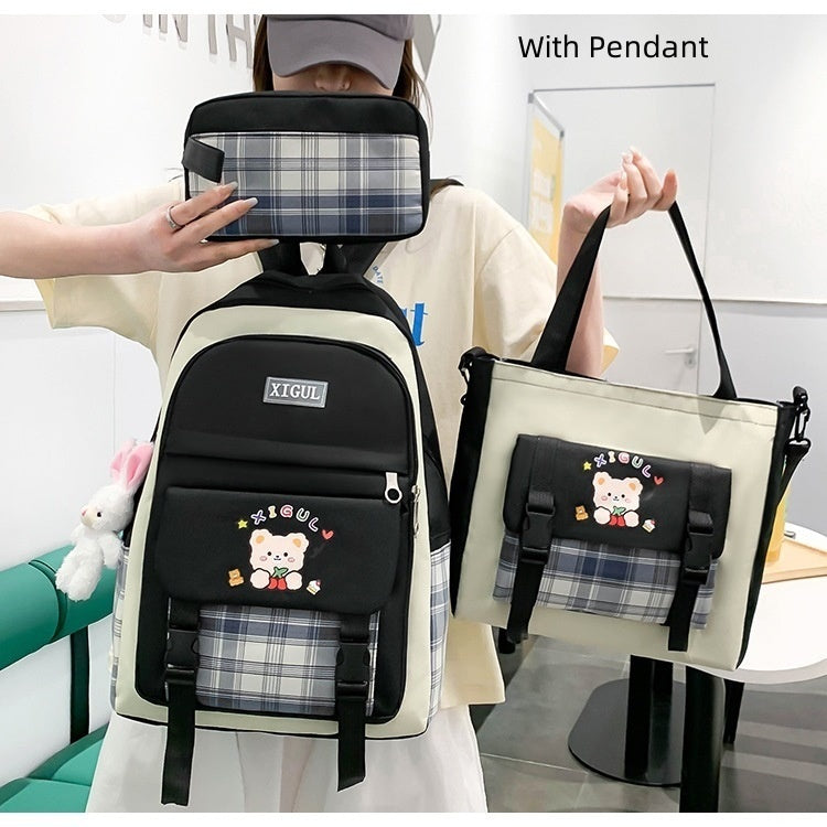 High School, Junior High, Elementary School Plaid Three-piece Set Student Backpack